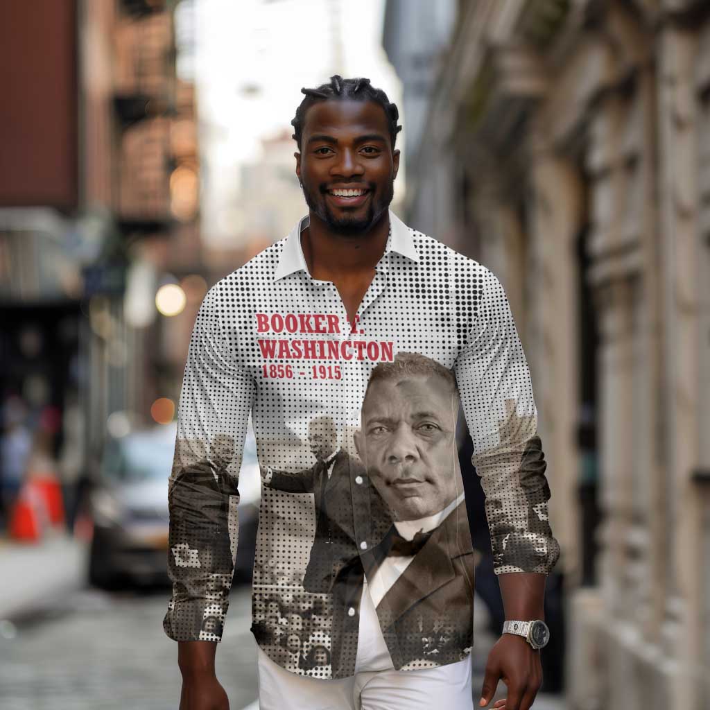 Booker T. Washington Long Sleeve Button Shirt Halftone Portrait Design Tilling a Field Quote Historical Civil Rights Tribute - African Pride