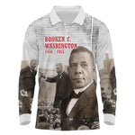 Booker T. Washington Long Sleeve Polo Shirt Halftone Portrait Design Tilling a Field Quote Historical Civil Rights Tribute - African Pride