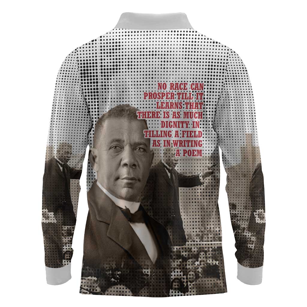 Booker T. Washington Long Sleeve Polo Shirt Halftone Portrait Design Tilling a Field Quote Historical Civil Rights Tribute - African Pride