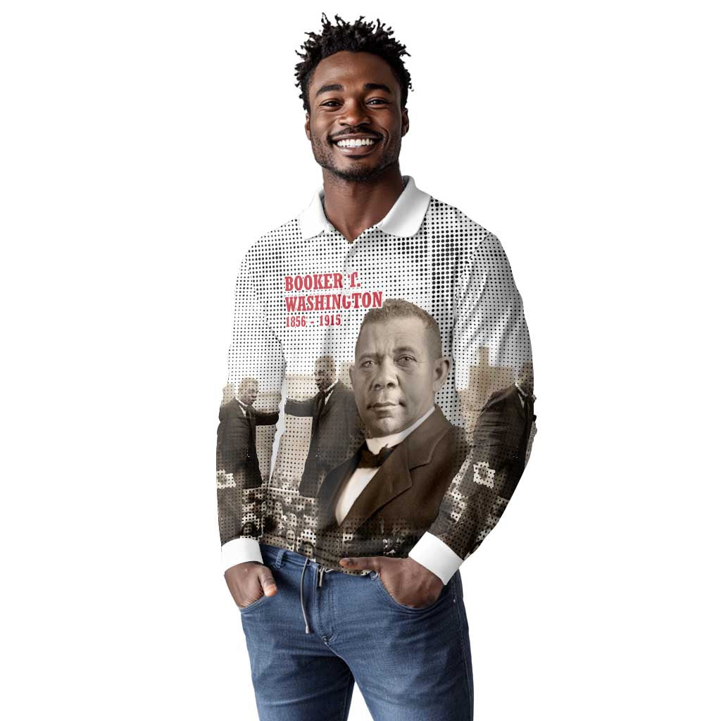 Booker T. Washington Long Sleeve Polo Shirt Halftone Portrait Design Tilling a Field Quote Historical Civil Rights Tribute - African Pride