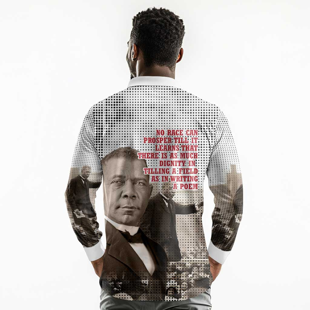 Booker T. Washington Long Sleeve Polo Shirt Halftone Portrait Design Tilling a Field Quote Historical Civil Rights Tribute - African Pride