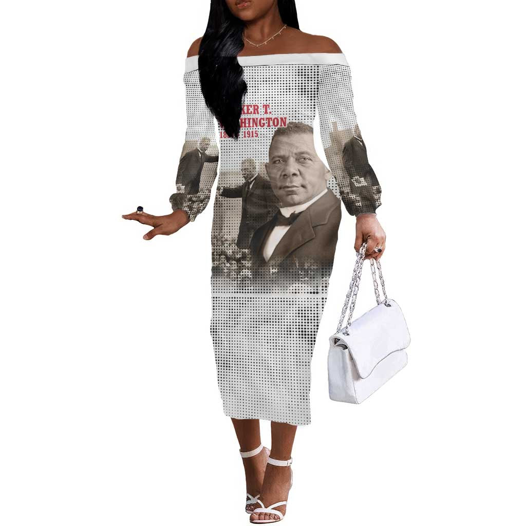 Booker T. Washington Off The Shoulder Long Sleeve Dress Halftone Portrait Design Tilling a Field Quote Historical Civil Rights Tribute - African Pride