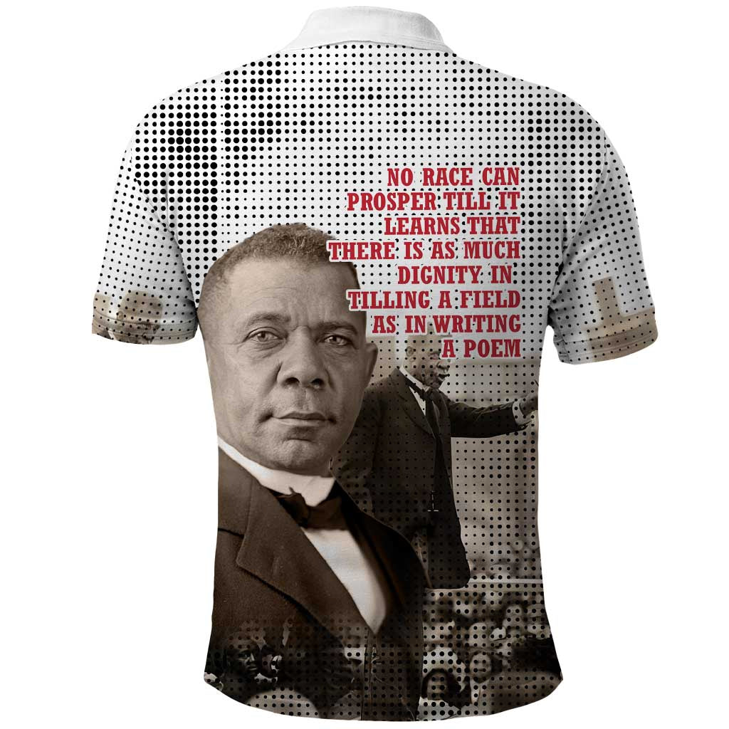 Booker T. Washington Polo Shirt Halftone Portrait Design Tilling a Field Quote Historical Civil Rights Tribute TS04
