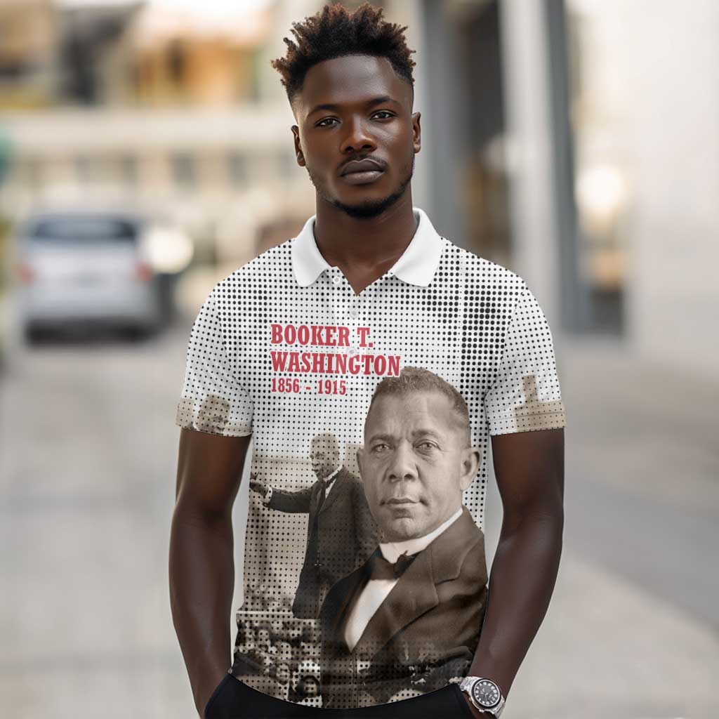 Booker T. Washington Polo Shirt Halftone Portrait Design Tilling a Field Quote Historical Civil Rights Tribute TS04