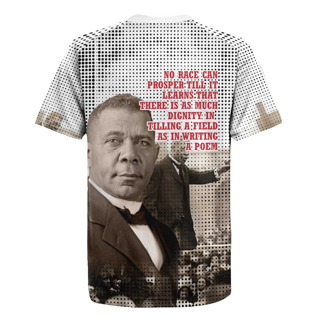 Booker T. Washington Rugby Jersey Halftone Portrait Design Tilling a Field Quote Historical Civil Rights Tribute TS04