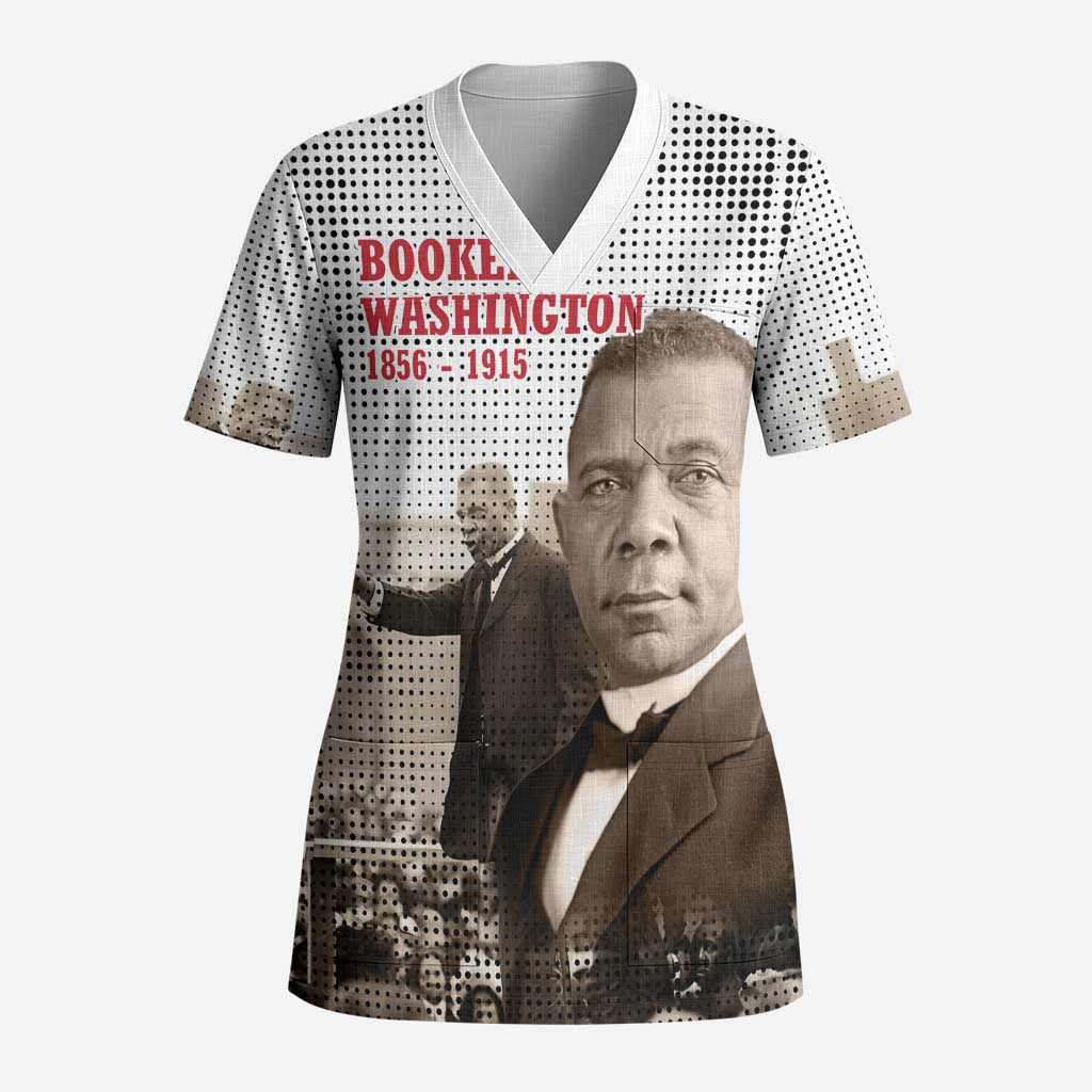 Booker T. Washington Scrub Top Halftone Portrait Design Tilling a Field Quote Historical Civil Rights Tribute - African Pride