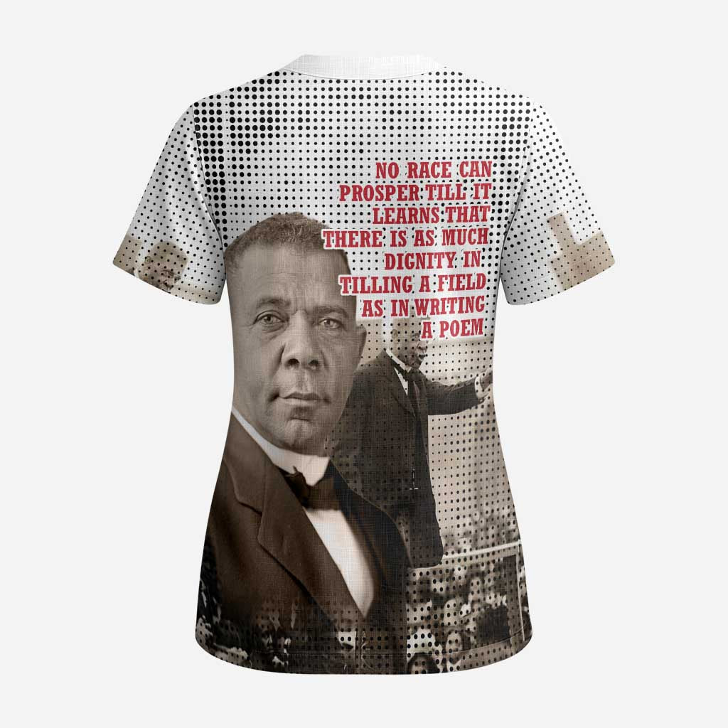 Booker T. Washington Scrub Top Halftone Portrait Design Tilling a Field Quote Historical Civil Rights Tribute - African Pride