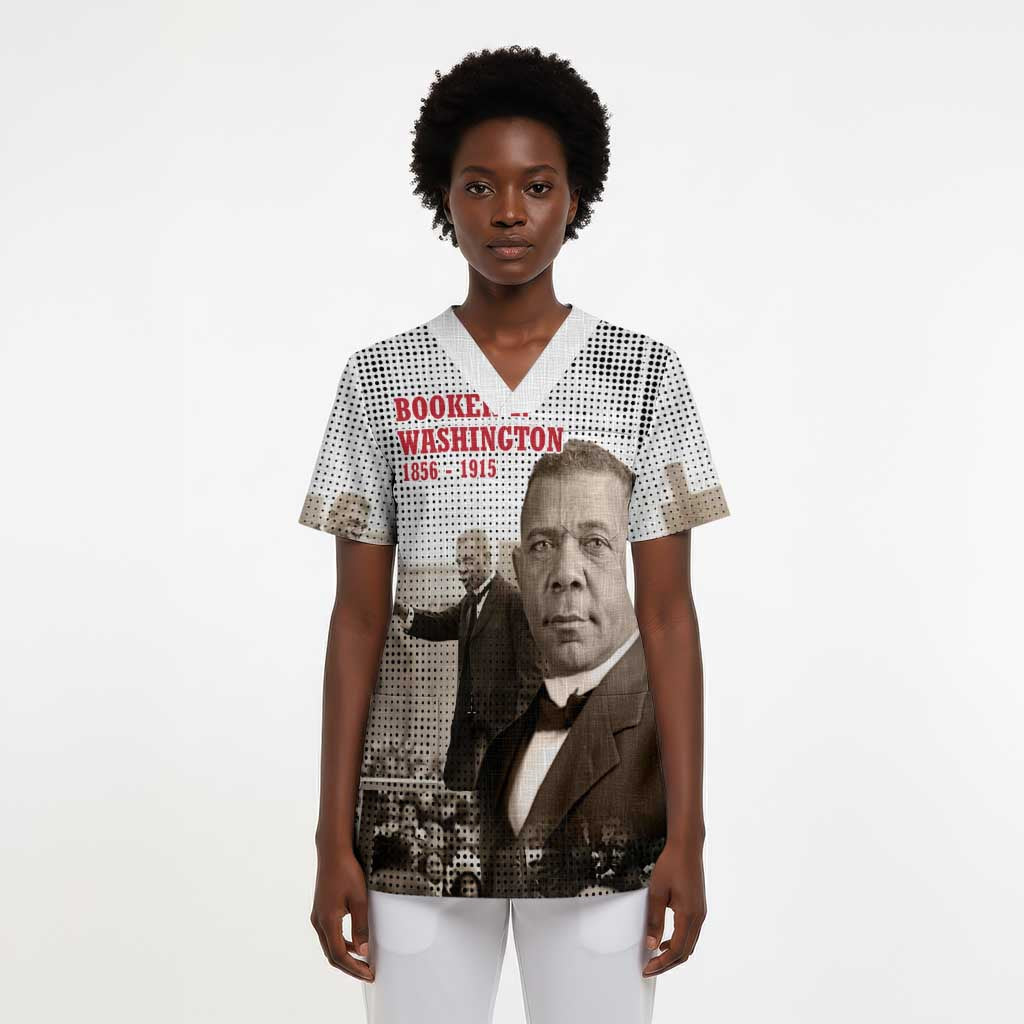 Booker T. Washington Scrub Top Halftone Portrait Design Tilling a Field Quote Historical Civil Rights Tribute - African Pride