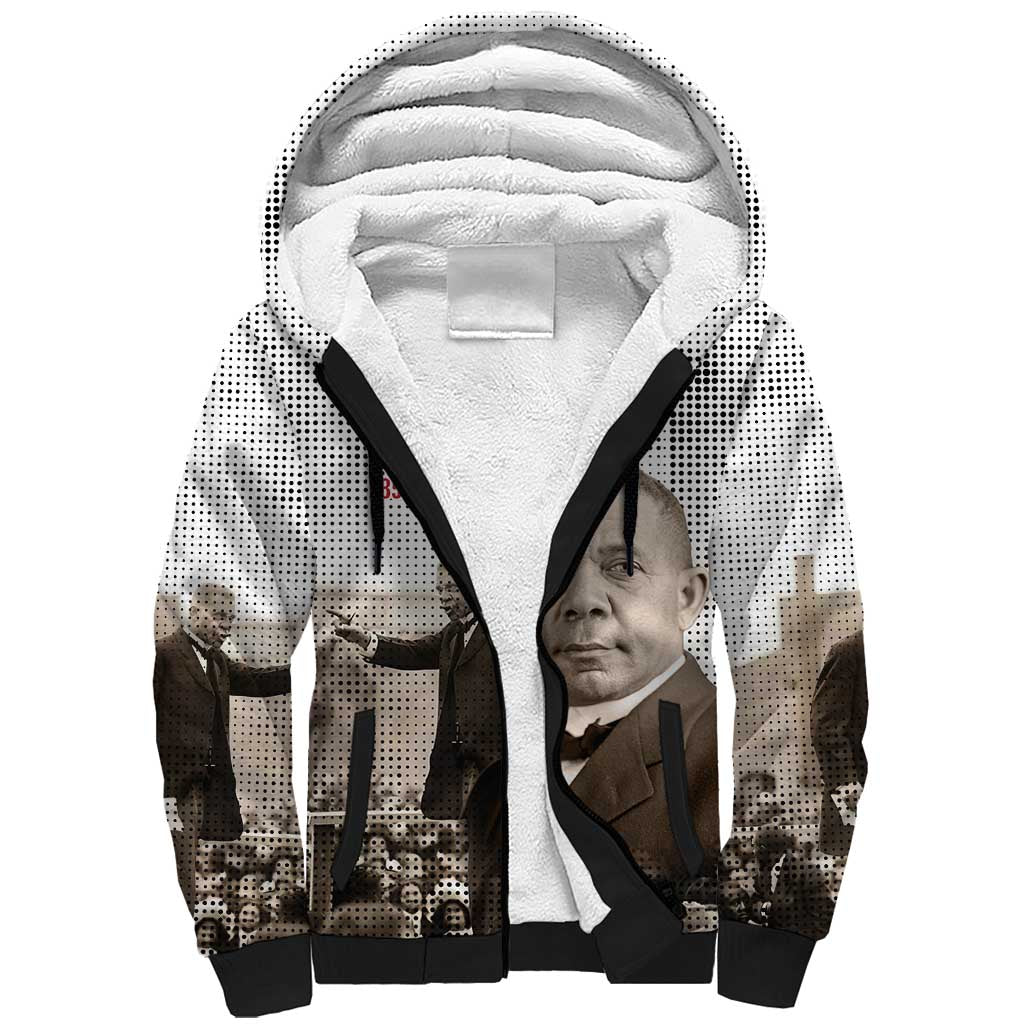 Booker T. Washington Sherpa Hoodie Halftone Portrait Design Tilling a Field Quote Historical Civil Rights Tribute - African Pride