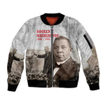 Booker T. Washington Sleeve Zip Bomber Jacket Halftone Portrait Design Tilling a Field Quote Historical Civil Rights Tribute - African Pride