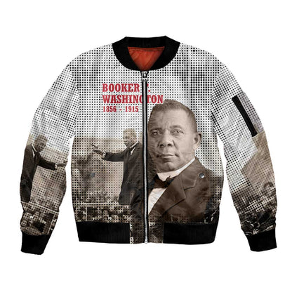 Booker T. Washington Sleeve Zip Bomber Jacket Halftone Portrait Design Tilling a Field Quote Historical Civil Rights Tribute - African Pride