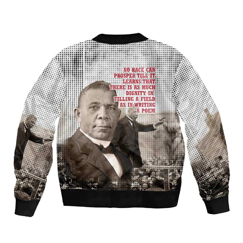 Booker T. Washington Sleeve Zip Bomber Jacket Halftone Portrait Design Tilling a Field Quote Historical Civil Rights Tribute - African Pride