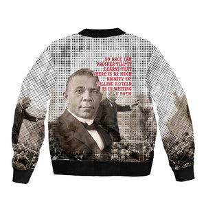 Booker T. Washington Sleeve Zip Bomber Jacket Halftone Portrait Design Tilling a Field Quote Historical Civil Rights Tribute - African Pride