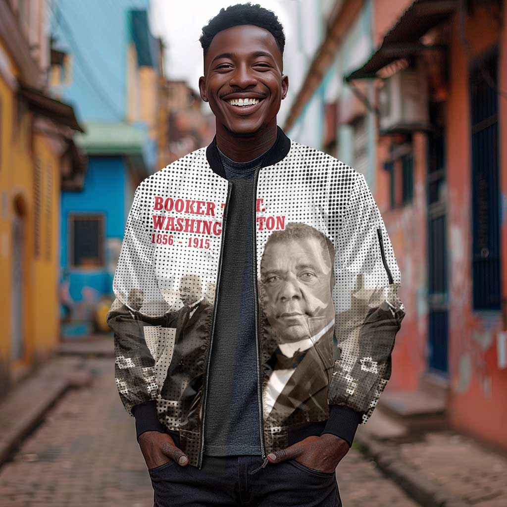 Booker T. Washington Sleeve Zip Bomber Jacket Halftone Portrait Design Tilling a Field Quote Historical Civil Rights Tribute - African Pride