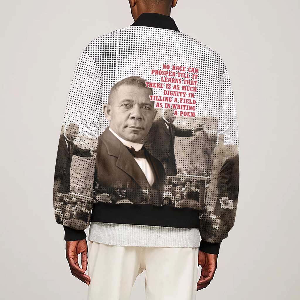 Booker T. Washington Sleeve Zip Bomber Jacket Halftone Portrait Design Tilling a Field Quote Historical Civil Rights Tribute - African Pride