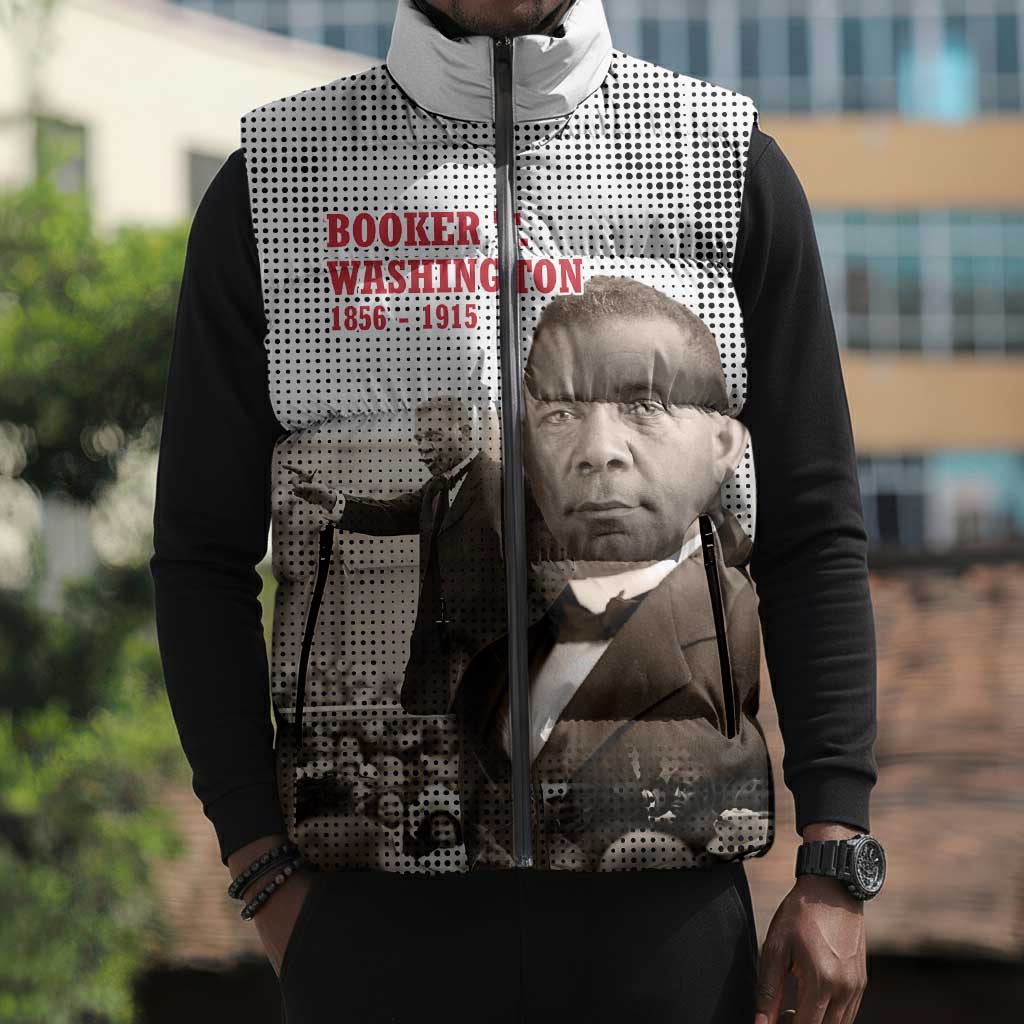 Booker T. Washington Sleeveless Puffer Jacket Halftone Portrait Design Tilling a Field Quote Historical Civil Rights Tribute - African Pride