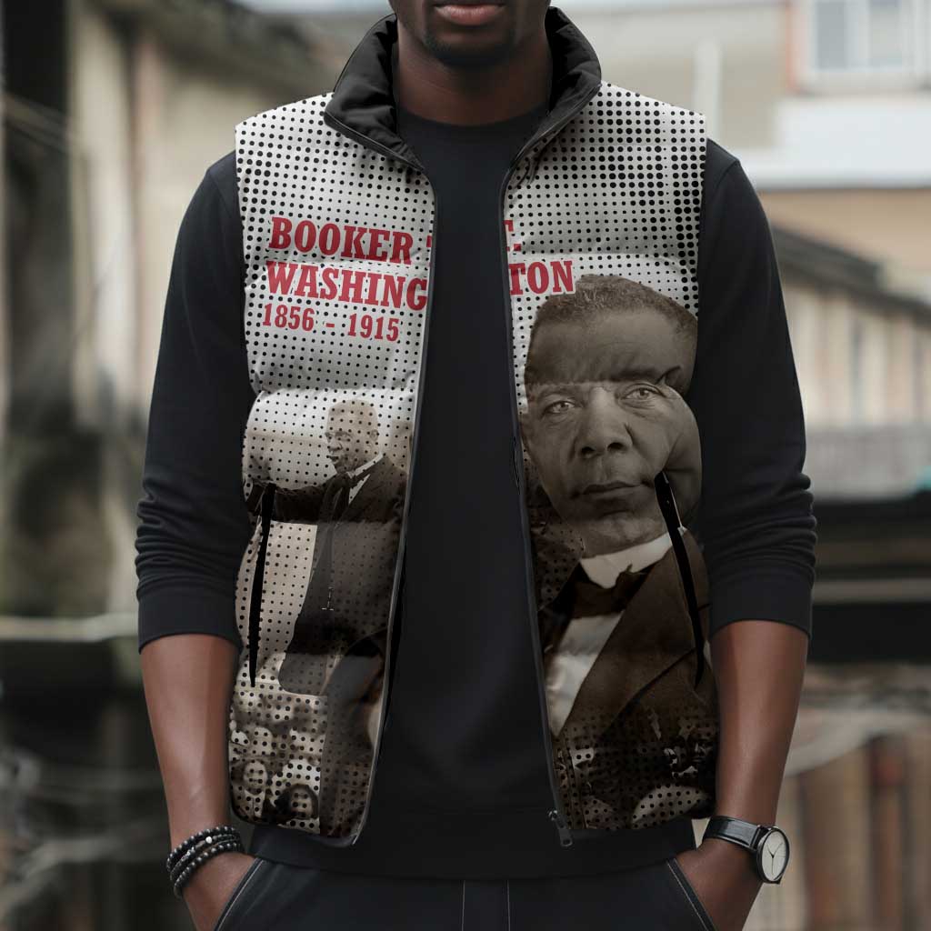 Booker T. Washington Sleeveless Puffer Jacket Halftone Portrait Design Tilling a Field Quote Historical Civil Rights Tribute - African Pride