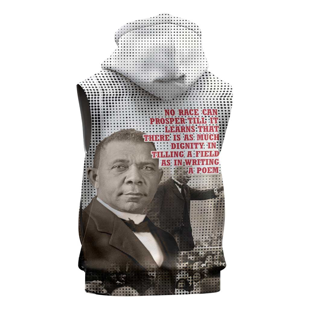 Booker T. Washington Sleeveless Zip Hoodie Halftone Portrait Design Tilling a Field Quote Historical Civil Rights Tribute - African Pride