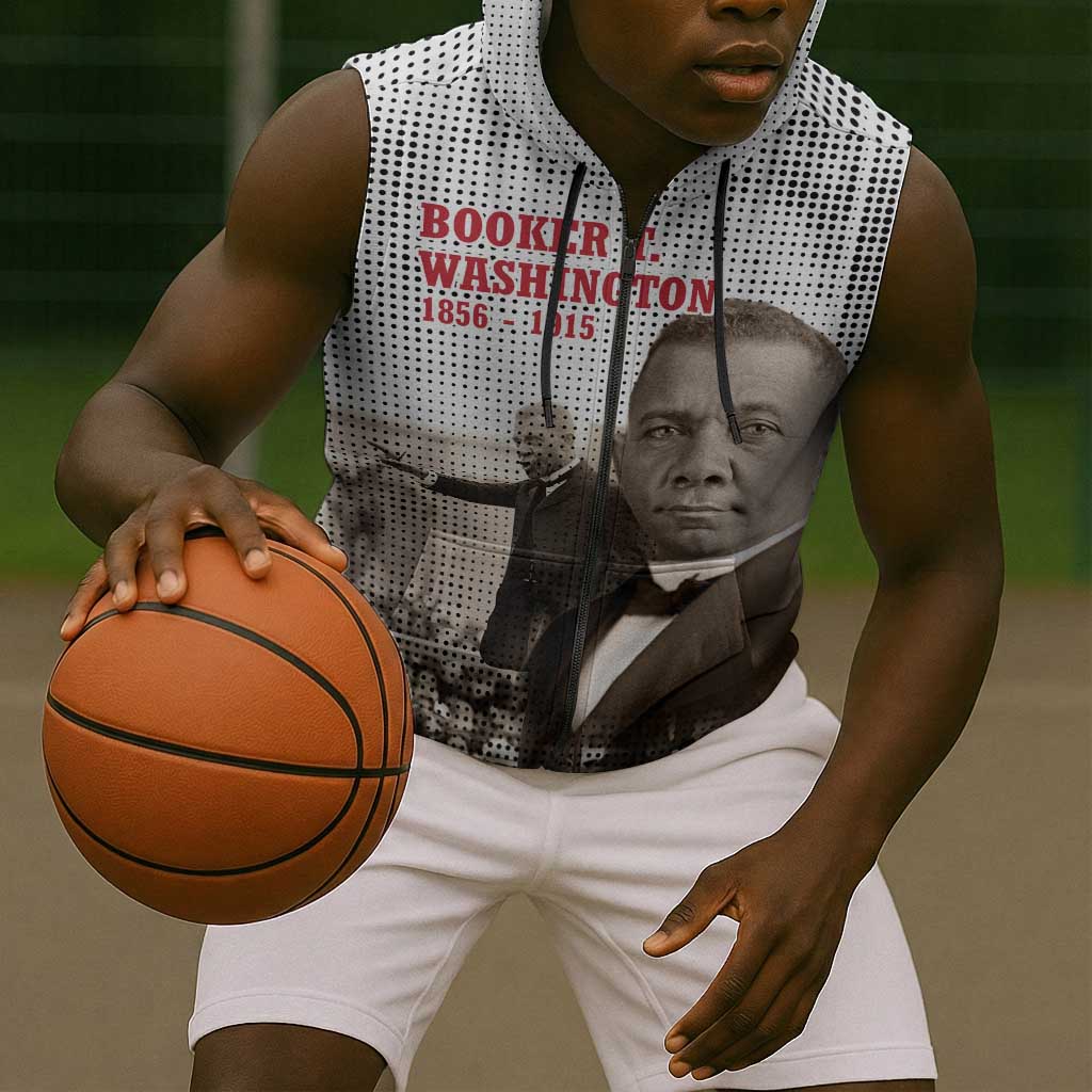 Booker T. Washington Sleeveless Zip Hoodie Halftone Portrait Design Tilling a Field Quote Historical Civil Rights Tribute - African Pride
