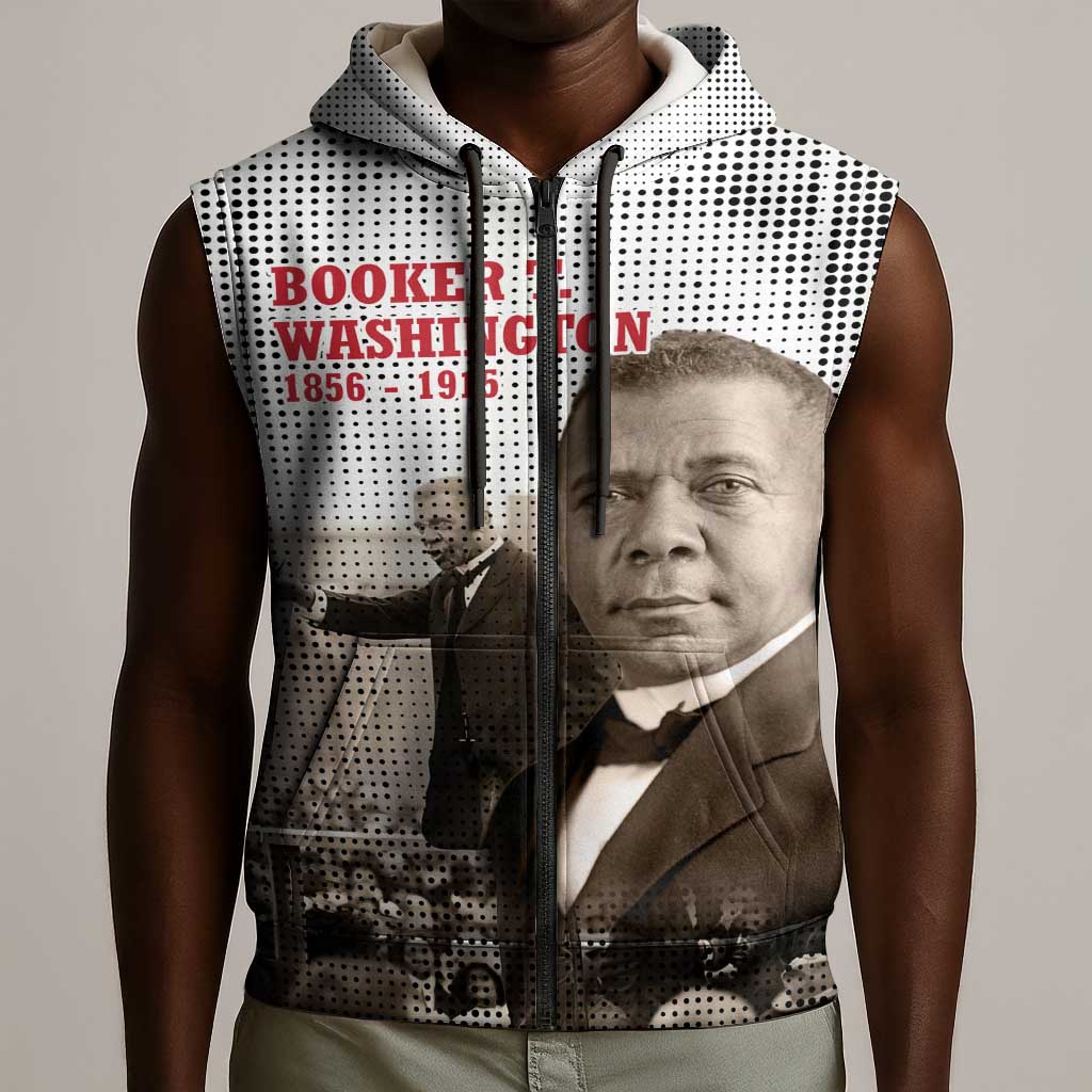Booker T. Washington Sleeveless Zip Hoodie Halftone Portrait Design Tilling a Field Quote Historical Civil Rights Tribute - African Pride