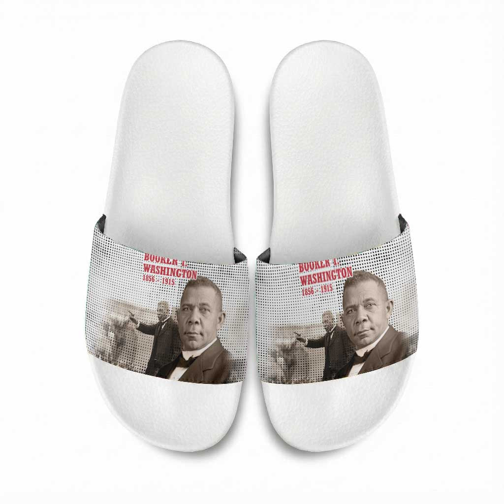 Booker T. Washington Slide Sandals Halftone Portrait Design Tilling a Field Quote Historical Civil Rights Tribute - African Pride
