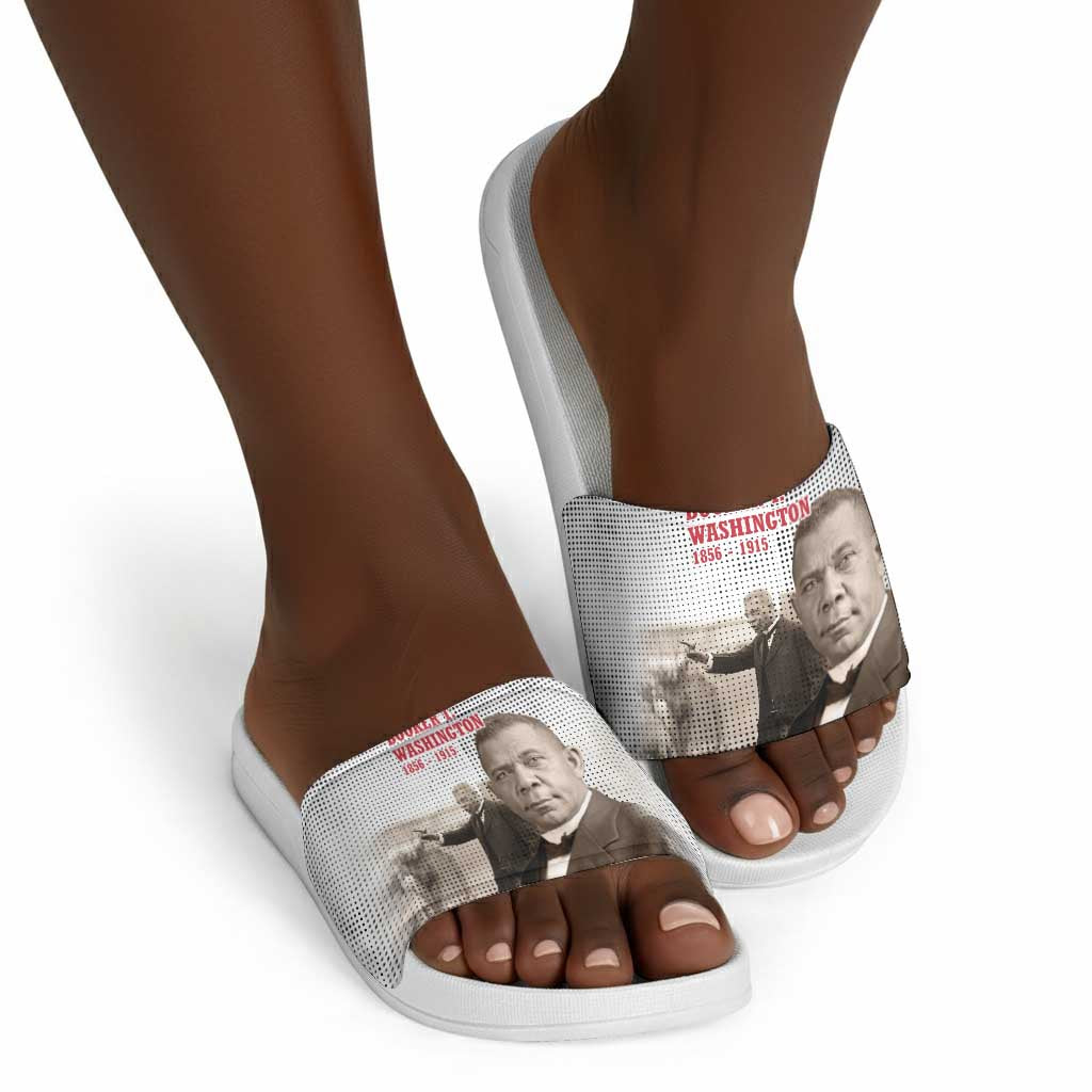 Booker T. Washington Slide Sandals Halftone Portrait Design Tilling a Field Quote Historical Civil Rights Tribute - African Pride