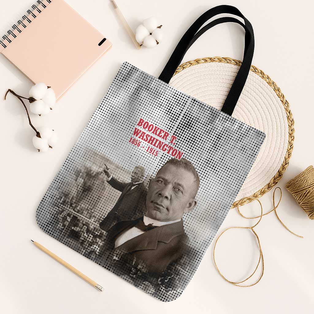 Booker T. Washington Tote Bag Halftone Portrait Design Tilling a Field Quote Historical Civil Rights Tribute - African Pride