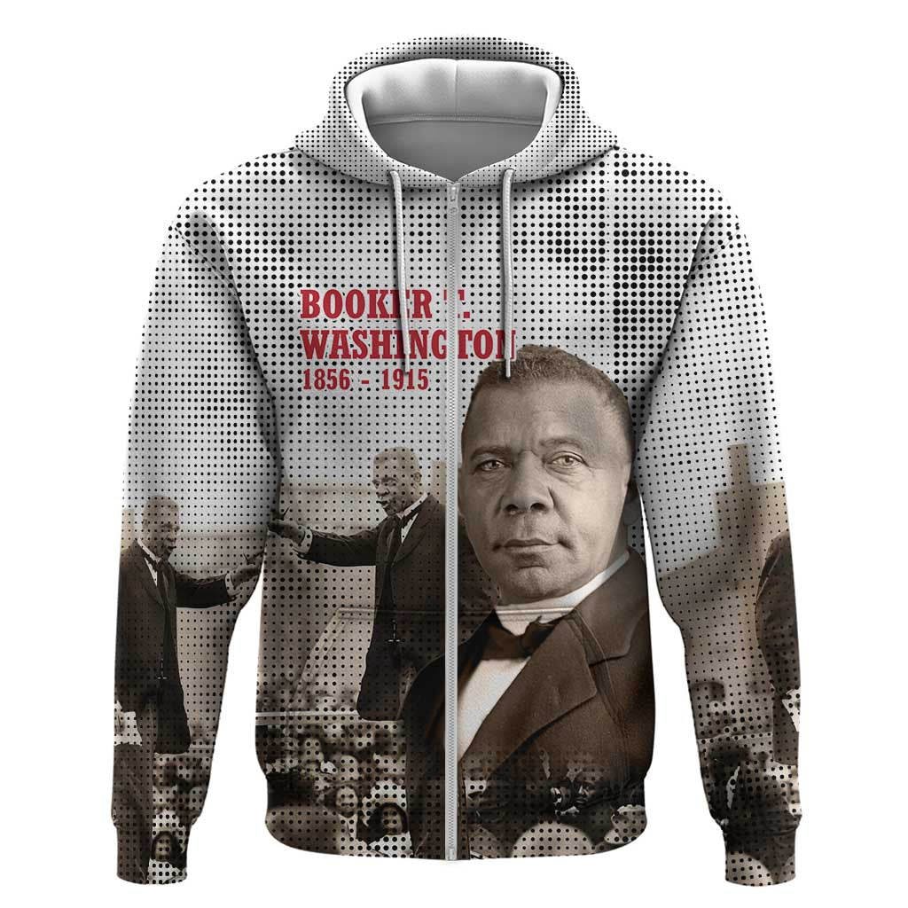 Booker T. Washington Zip Hoodie Halftone Portrait Design Tilling a Field Quote Historical Civil Rights Tribute - African Pride