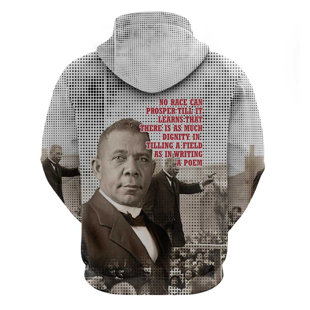 Booker T. Washington Zip Hoodie Halftone Portrait Design Tilling a Field Quote Historical Civil Rights Tribute - African Pride