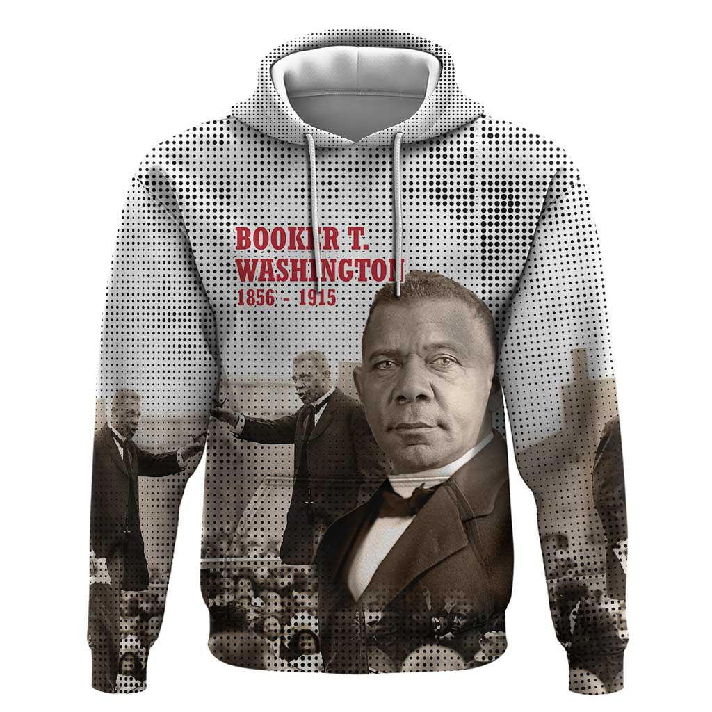 Booker T. Washington Zip Hoodie Halftone Portrait Design Tilling a Field Quote Historical Civil Rights Tribute - African Pride