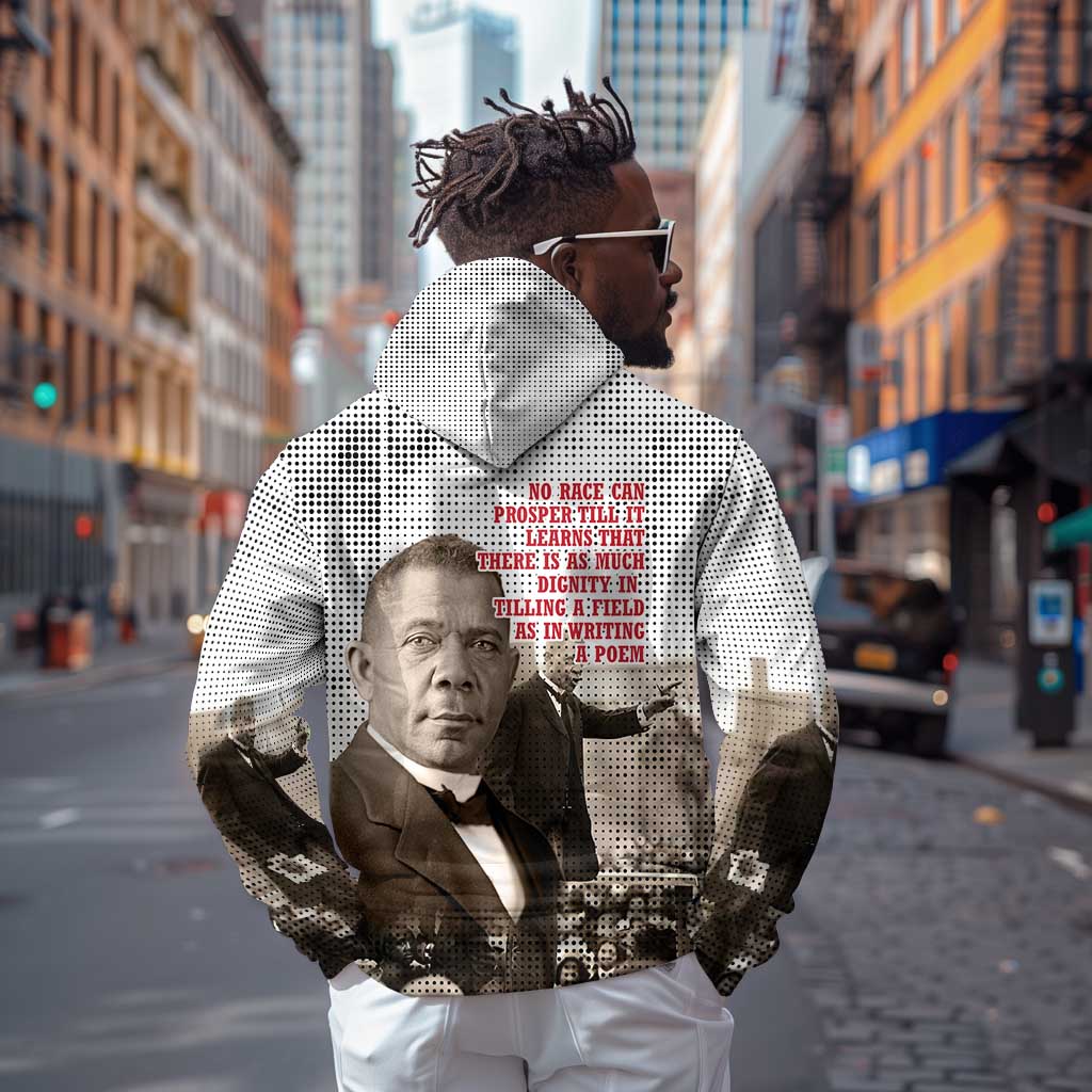 Booker T. Washington Zip Hoodie Halftone Portrait Design Tilling a Field Quote Historical Civil Rights Tribute - African Pride