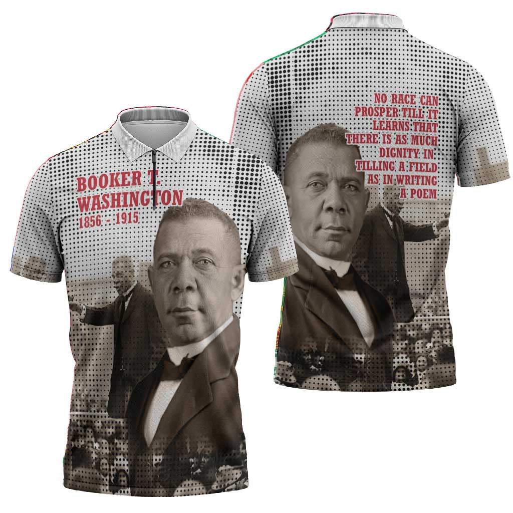 Booker T. Washington Zipper Polo Shirt Halftone Portrait Design Tilling a Field Quote Historical Civil Rights Tribute - African Pride