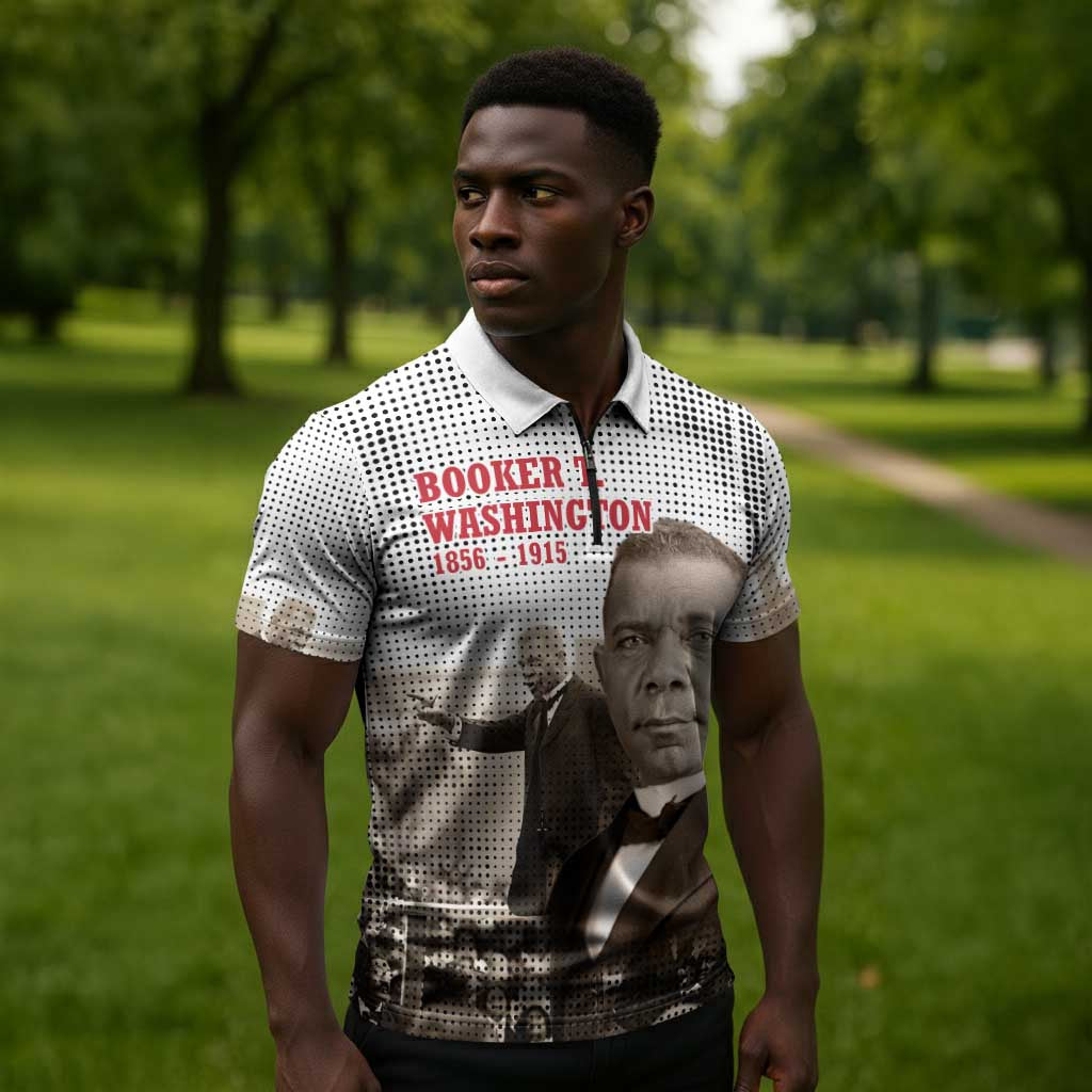 Booker T. Washington Zipper Polo Shirt Halftone Portrait Design Tilling a Field Quote Historical Civil Rights Tribute - African Pride