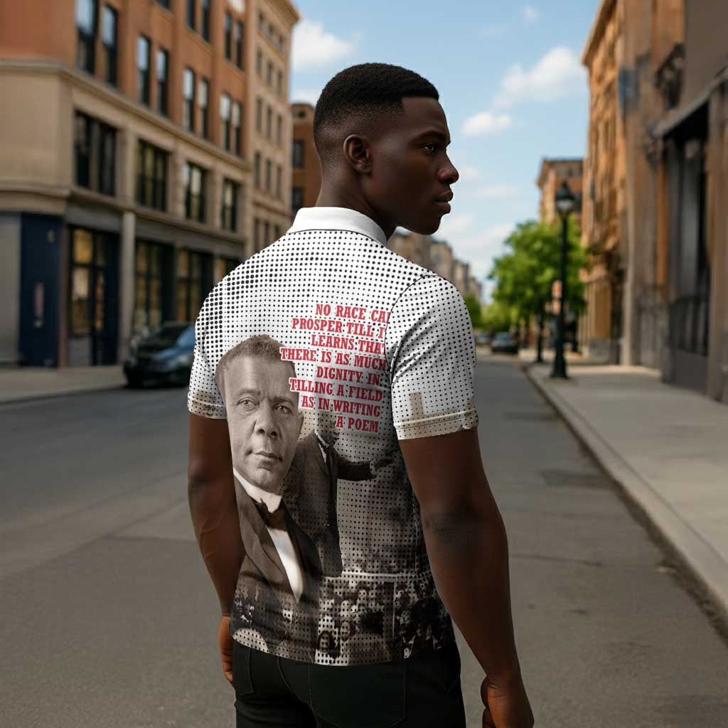 Booker T. Washington Zipper Polo Shirt Halftone Portrait Design Tilling a Field Quote Historical Civil Rights Tribute - African Pride