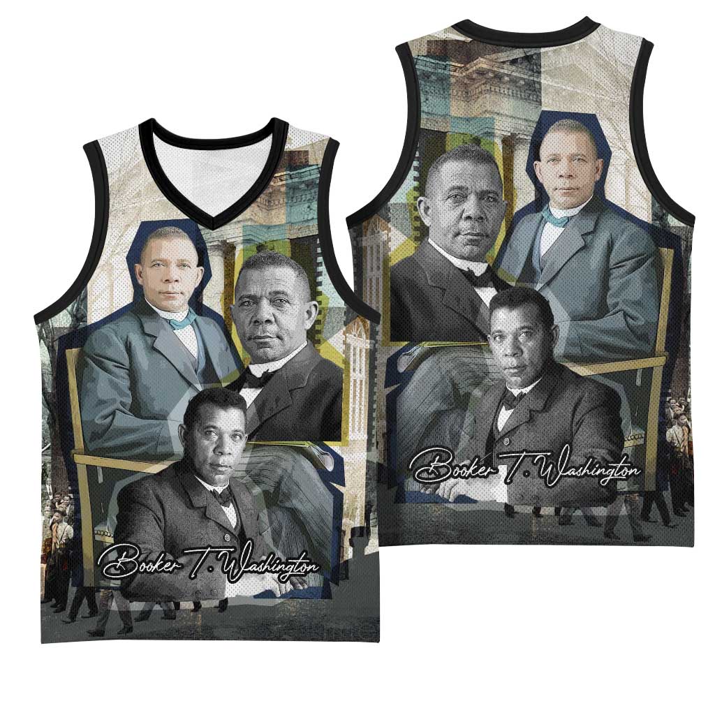 Booker T. Washington Basketball Jersey Historic Portrait Collage Civil Rights Legacy Educational Pioneer Design - African Pride