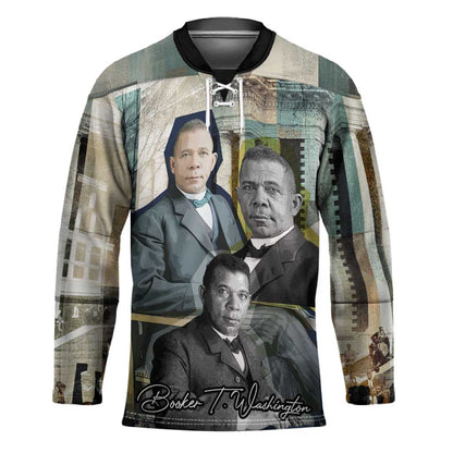 Booker T. Washington Hockey Jersey Historic Portrait Collage Civil Rights Legacy Educational Pioneer Design - African Pride