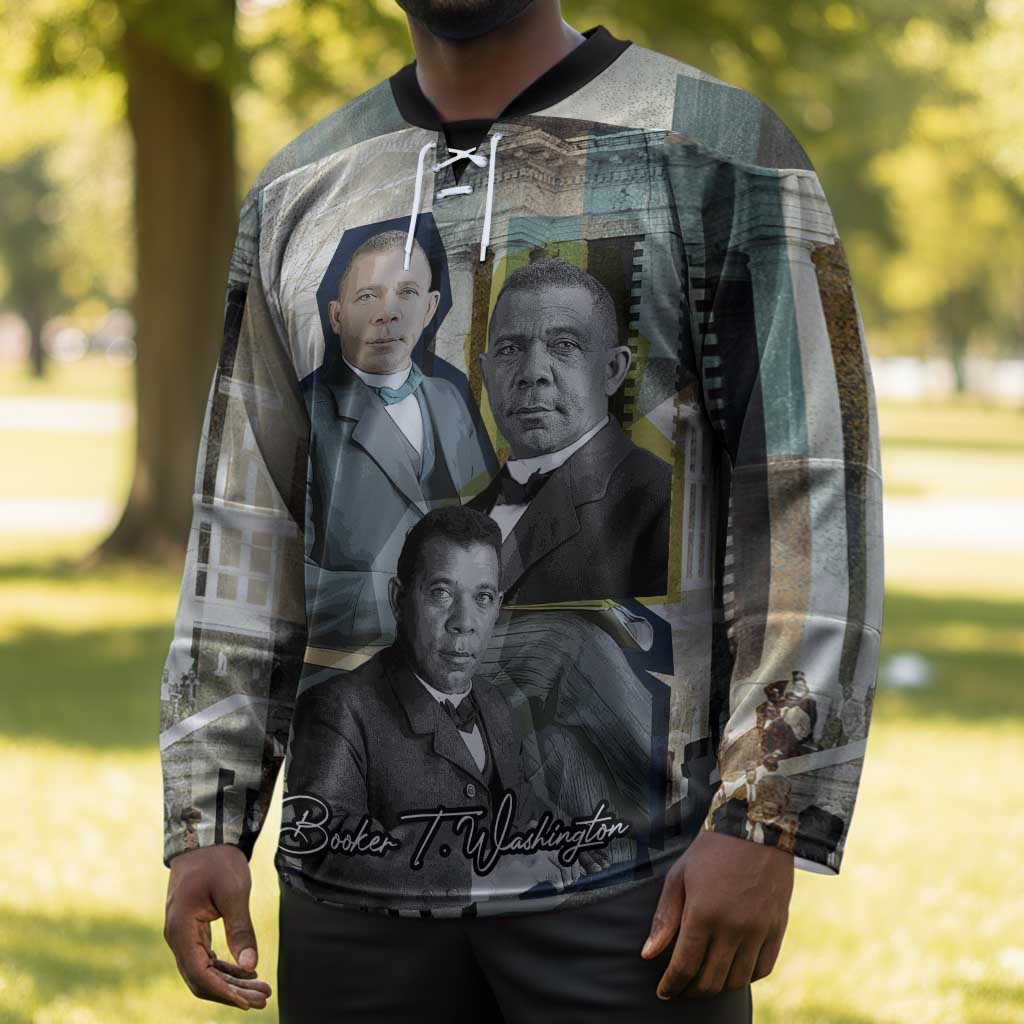 Booker T. Washington Hockey Jersey Historic Portrait Collage Civil Rights Legacy Educational Pioneer Design - African Pride