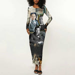 Booker T. Washington Long Sleeve Bodycon Dress Historic Portrait Collage Civil Rights Legacy Educational Pioneer Design - African Pride