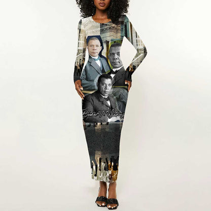 Booker T. Washington Long Sleeve Bodycon Dress Historic Portrait Collage Civil Rights Legacy Educational Pioneer Design - African Pride