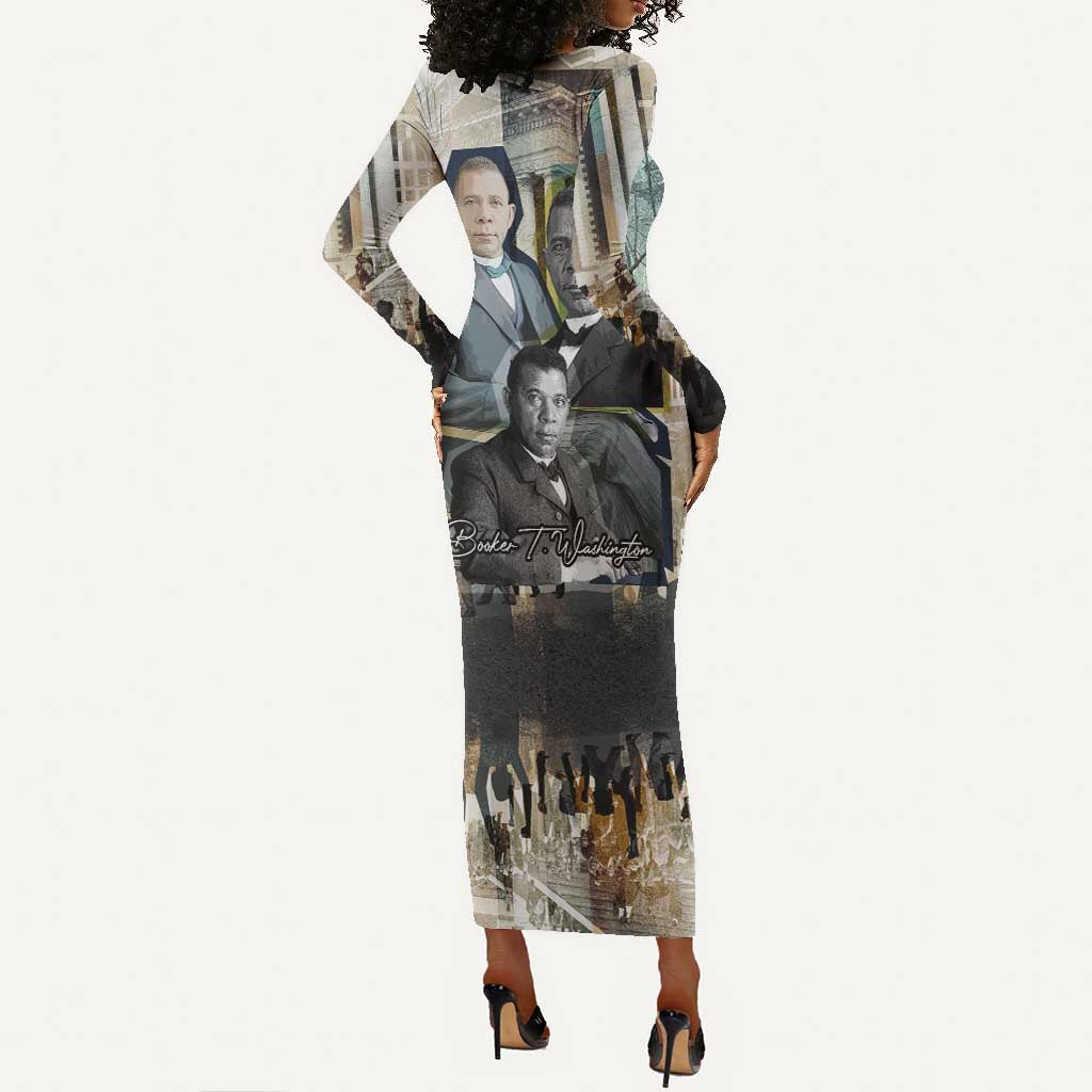 Booker T. Washington Long Sleeve Bodycon Dress Historic Portrait Collage Civil Rights Legacy Educational Pioneer Design - African Pride
