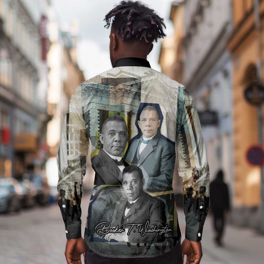 Booker T. Washington Long Sleeve Button Shirt Historic Portrait Collage Civil Rights Legacy Educational Pioneer Design - African Pride