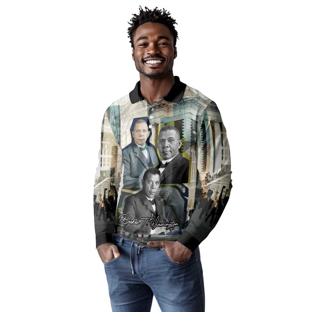 Booker T. Washington Long Sleeve Polo Shirt Historic Portrait Collage Civil Rights Legacy Educational Pioneer Design - African Pride