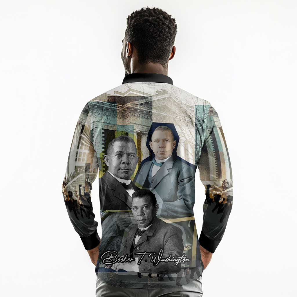 Booker T. Washington Long Sleeve Polo Shirt Historic Portrait Collage Civil Rights Legacy Educational Pioneer Design - African Pride
