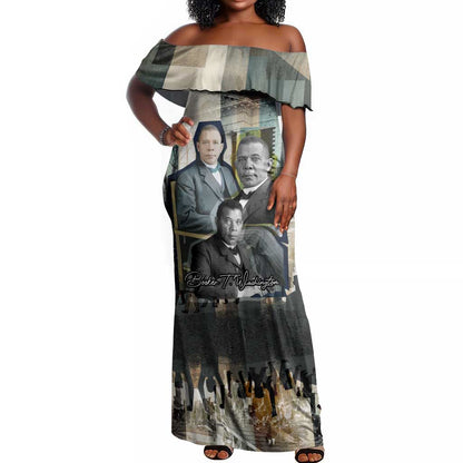 Booker T. Washington Off Shoulder Maxi Dress Historic Portrait Collage Civil Rights Legacy Educational Pioneer Design - African Pride