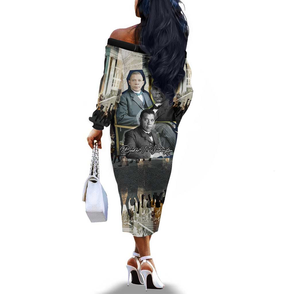 Booker T. Washington Off The Shoulder Long Sleeve Dress Historic Portrait Collage Civil Rights Legacy Educational Pioneer Design - African Pride