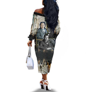 Booker T. Washington Off The Shoulder Long Sleeve Dress Historic Portrait Collage Civil Rights Legacy Educational Pioneer Design - African Pride