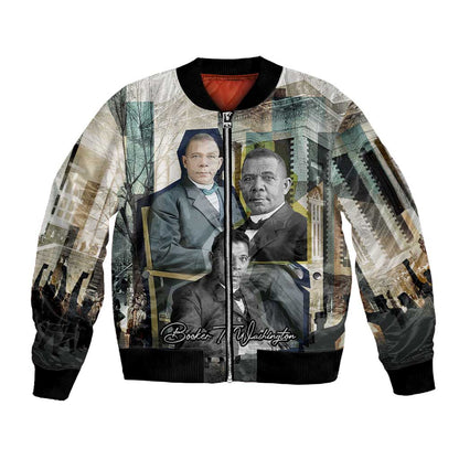 Booker T. Washington Sleeve Zip Bomber Jacket Historic Portrait Collage Civil Rights Legacy Educational Pioneer Design - African Pride