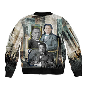 Booker T. Washington Sleeve Zip Bomber Jacket Historic Portrait Collage Civil Rights Legacy Educational Pioneer Design - African Pride