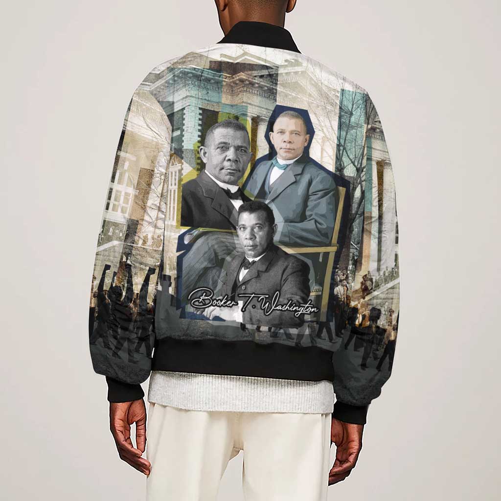 Booker T. Washington Sleeve Zip Bomber Jacket Historic Portrait Collage Civil Rights Legacy Educational Pioneer Design - African Pride