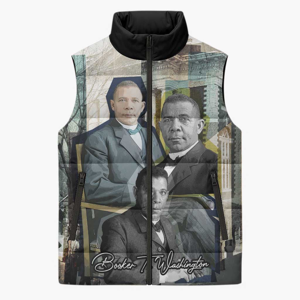 Booker T. Washington Sleeveless Puffer Jacket Historic Portrait Collage Civil Rights Legacy Educational Pioneer Design - African Pride